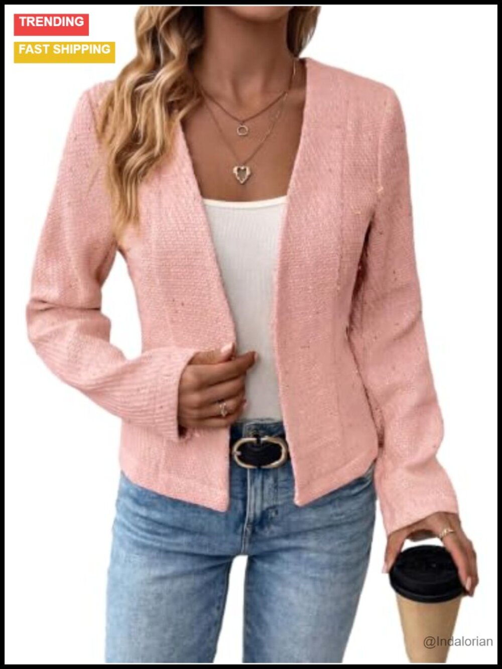 Women's Tweed Blazer Open Front Collarless Slim Fit Long Sleeve Work Jacket